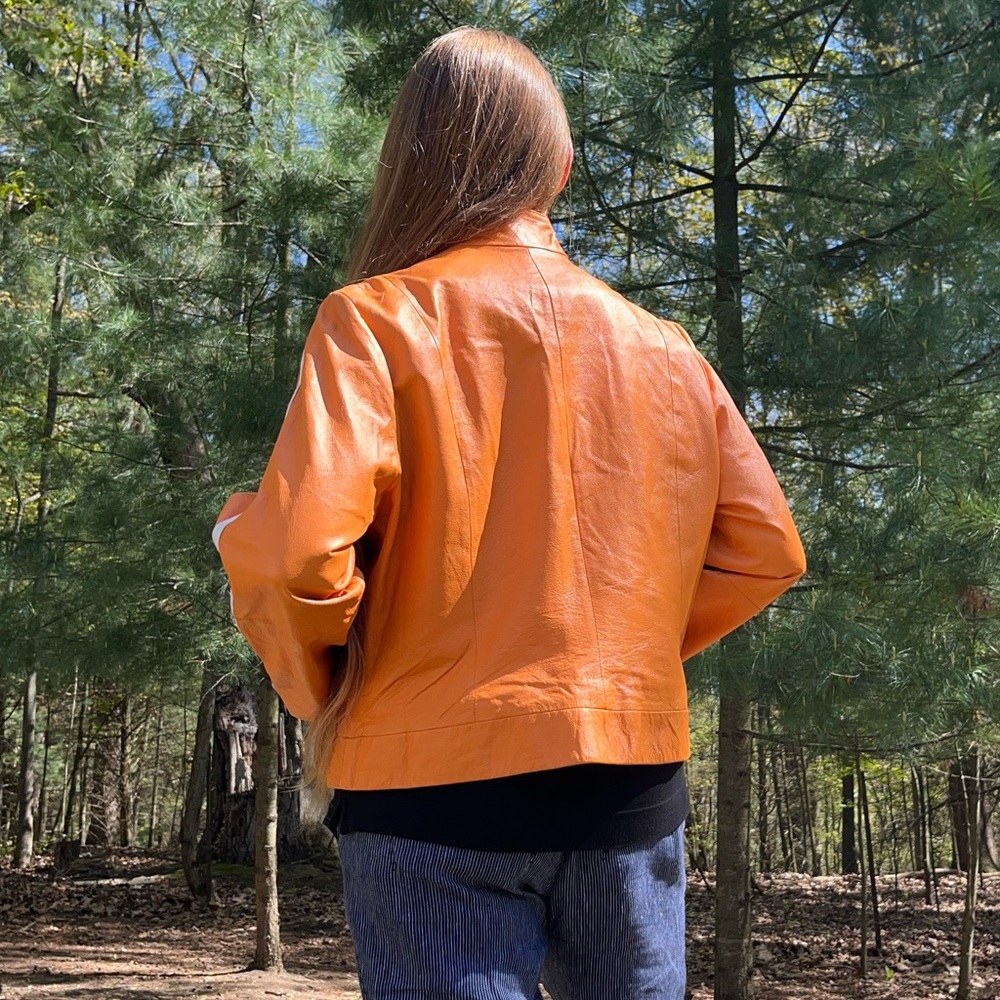 Y2K Metro Style Neon Orange Racing 100% Genuine Leather Jacket Women’s Size L - Picture 9 of 16